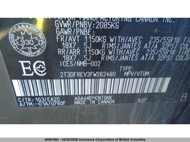 2015 Toyota Rav4 მანქანა იყიდება აუქციონზე, vin: 2T3DFREV3FW262480, აუქციონის ნომერი: 40061665