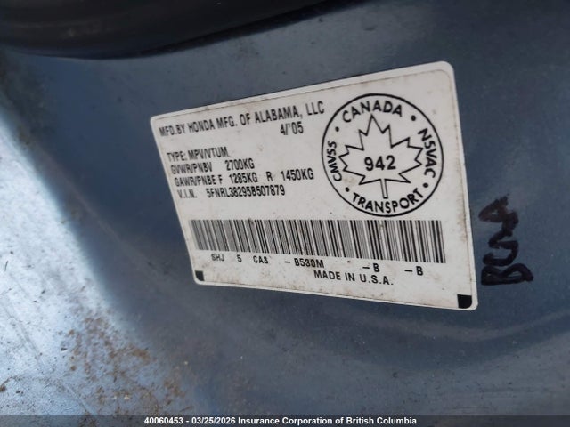 40060453 :رقم المزاد ، 5FNRL38295B507879 vin ، 2005 Honda Odyssey Lx مزاد بيع
