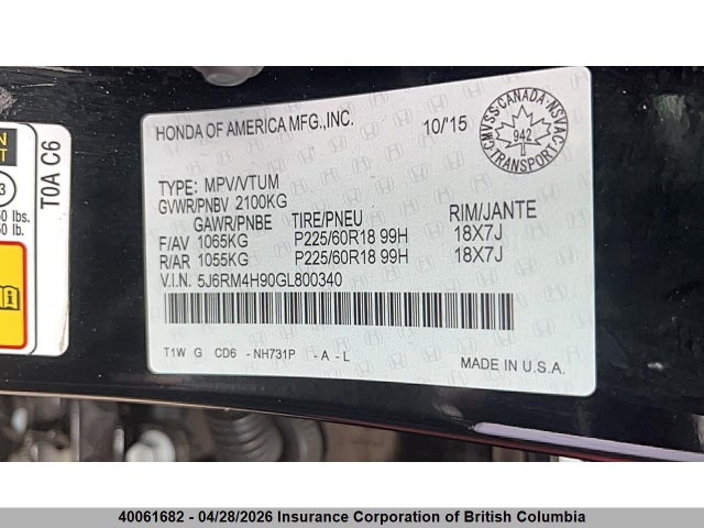Aukcja sprzedaży 2016 Honda Cr-v, vin: 5J6RM4H90GL800340, numer aukcji: 40061682