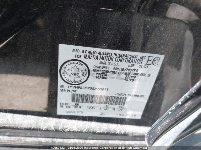 Aukcja sprzedaży 2005 Mazda 6 S, vin: 1YVHP83D755M59011, numer aukcji: 40060422