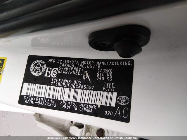 2016 Toyota Corolla L/le/le Pls/prm/s/s Pls მანქანა იყიდება აუქციონზე, vin: 2T1BURHE0GC685697, აუქციონის ნომერი: 40058536