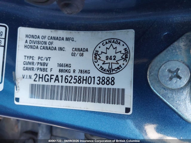 Aukcja sprzedaży 2008 Honda Civic, vin: 2HGFA16258H013888, numer aukcji: 40061723