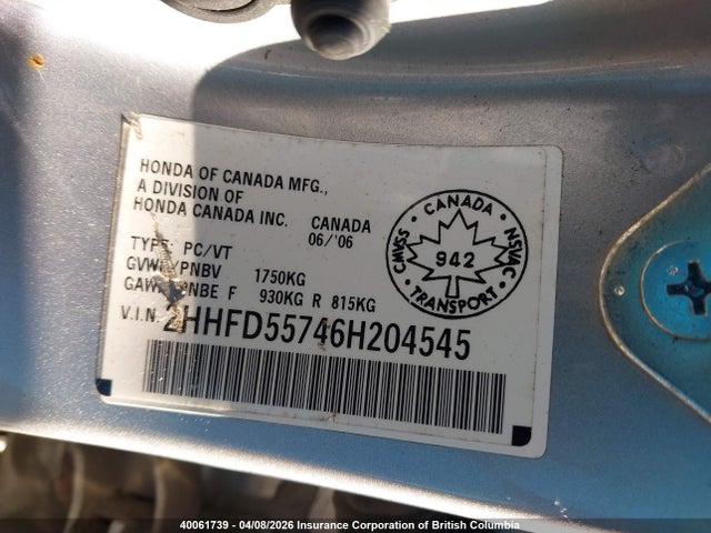 Продажа на аукционе авто 2006 Acura Csx, vin: 2HHFD55746H204545, номер лота: 40061739