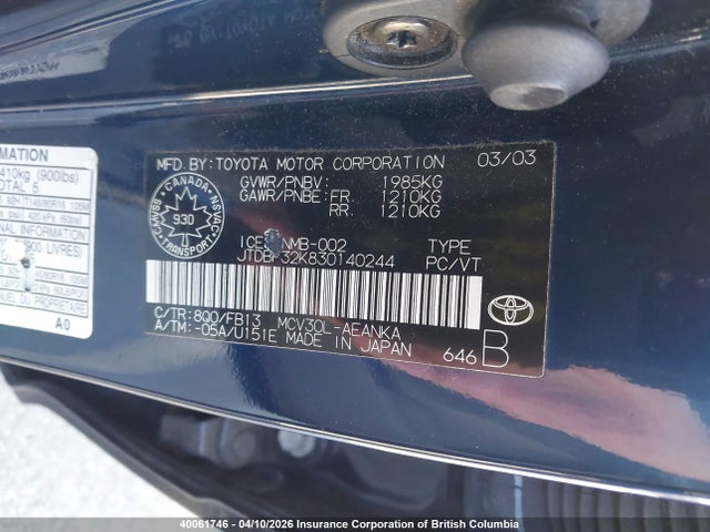 2003 Toyota Camry მანქანა იყიდება აუქციონზე, vin: JTDBF32K830140244, აუქციონის ნომერი: 40061746