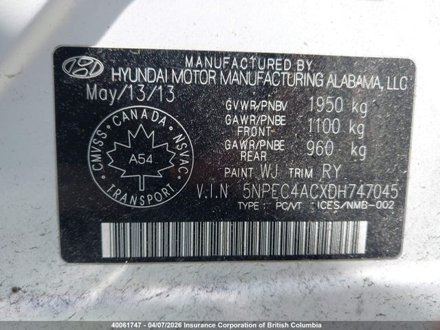 Auction sale of the 2013 Hyundai Sonata Se/limited, vin: 5NPEC4ACXDH747045, lot number: 40061747