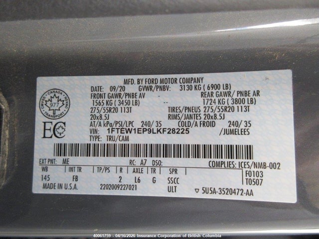 Продаж на аукціоні авто 2020 Ford F150, vin: 1FTEW1EP9LKF28225, номер лоту: 40061759