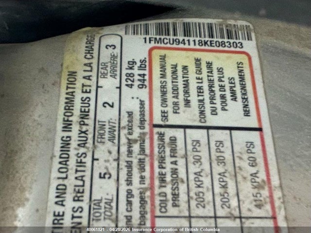 40061821 :رقم المزاد ، 1FMCU94118KE08303 vin ، 2008 Ford Escape Limited مزاد بيع