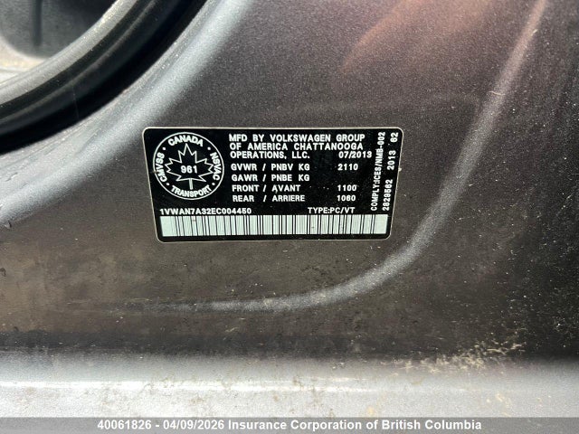 40061826 :رقم المزاد ، 1VWAN7A32EC004450 vin ، 2014 Volkswagen Passat S مزاد بيع
