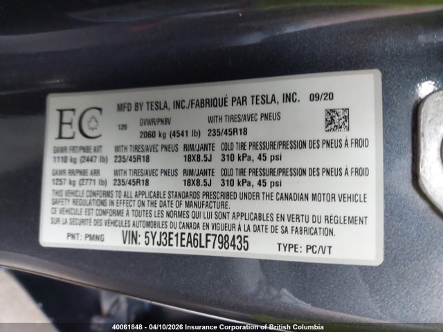 Продаж на аукціоні авто 2020 Tesla Model 3 Standard Range Plus, vin: 5YJ3E1EA6LF798435, номер лоту: 40061848