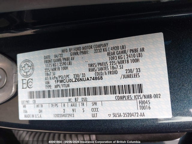 1FMCU0LZ6NUA74868 Ford Escape Titanium