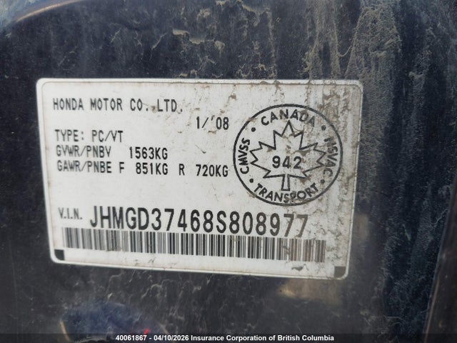 2008 Honda Fit მანქანა იყიდება აუქციონზე, vin: JHMGD37468S808977, აუქციონის ნომერი: 40061867