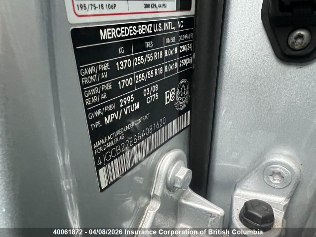 40061872 :رقم المزاد ، 4JGCB22E88A081620 vin ، 2008 Mercedes-benz R 320 Cdi مزاد بيع