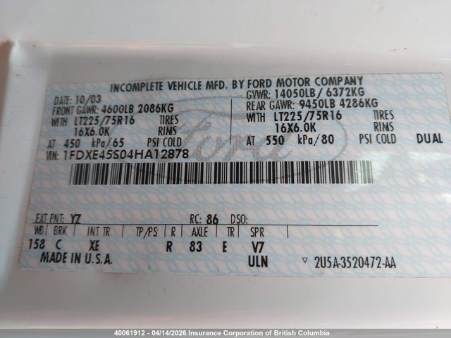 Продажа на аукционе авто 2004 Ford Econoline E450 Super Duty Cutwy Van, vin: 1FDXE45S04HA12878, номер лота: 40061912