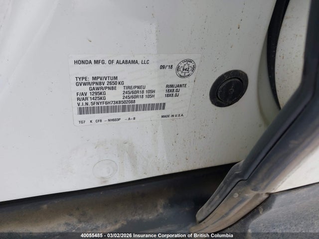 5FNYF6H73KB502088 Honda PILOT EXL