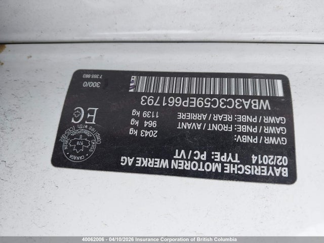 40062006 :رقم المزاد ، WBA3C3C59EP661793 vin ، 2014 Bmw 320i مزاد بيع