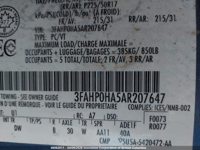 Aukcja sprzedaży 2010 Ford Fusion Se, vin: 3FAHP0HA5AR207647, numer aukcji: 40062011