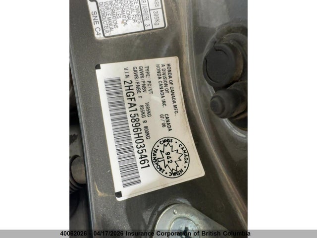 Продаж на аукціоні авто 2006 Honda Civic, vin: 2HGFA15896H035461, номер лоту: 40062026