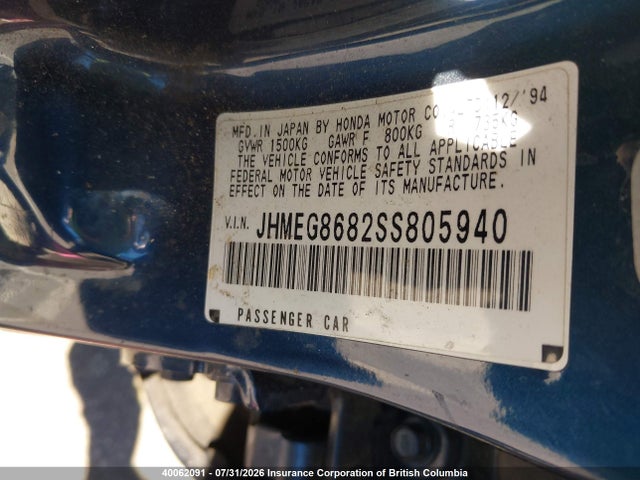 40062091 :رقم المزاد ، JHMEG8682SS805940 vin ، 1995 Honda Civic مزاد بيع