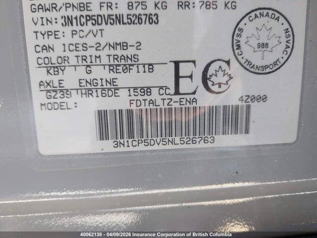 2022 Nissan Kicks მანქანა იყიდება აუქციონზე, vin: 3N1CP5DV5NL526763, აუქციონის ნომერი: 40062136