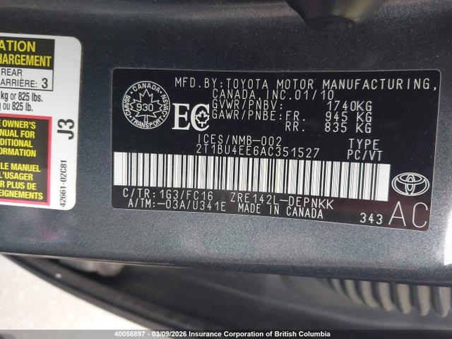 40056897 :رقم المزاد ، 2T1BU4EE6AC351527 vin ، 2010 Toyota Corolla S/le/xle مزاد بيع