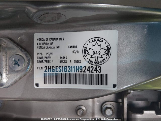 2001 Honda Civic Dx მანქანა იყიდება აუქციონზე, vin: 2HGES16311H924243, აუქციონის ნომერი: 40060702