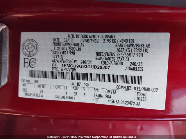 Продаж на аукціоні авто 2013 Ford Escape Se, vin: 1FMCU9G93DUD28307, номер лоту: 40062231
