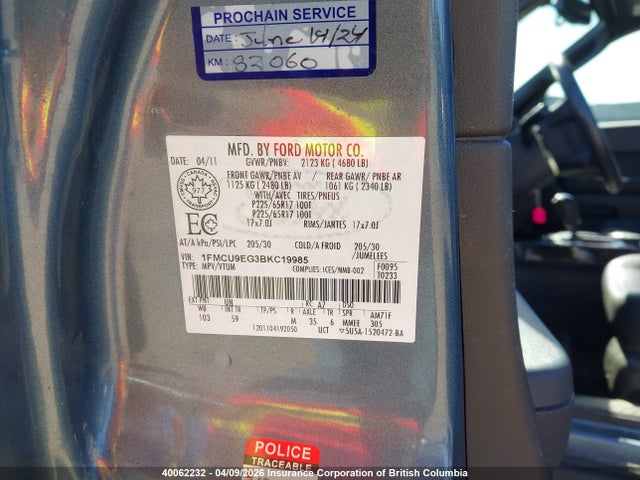 2011 Ford Escape Limited მანქანა იყიდება აუქციონზე, vin: 1FMCU9EG3BKC19985, აუქციონის ნომერი: 40062232
