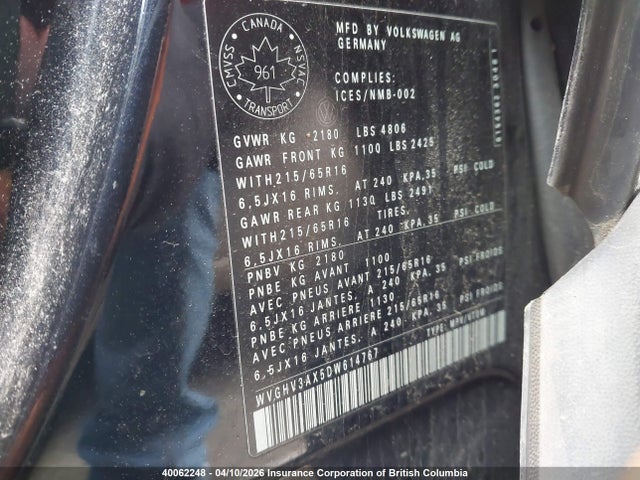 40062248 :رقم المزاد ، WVGHV3AX5DW614767 vin ، 2013 Volkswagen Tiguan S/se/sel مزاد بيع