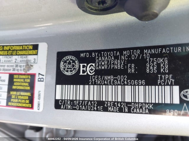 40062252 :رقم المزاد ، 2T1KU4EE9AC450696 vin ، 2010 Toyota Corolla Matrix مزاد بيع