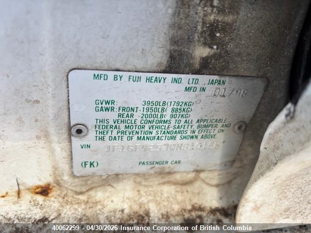 1998 Subaru Impreza Brighton მანქანა იყიდება აუქციონზე, vin: JF1GF4257WH810156, აუქციონის ნომერი: 40062299