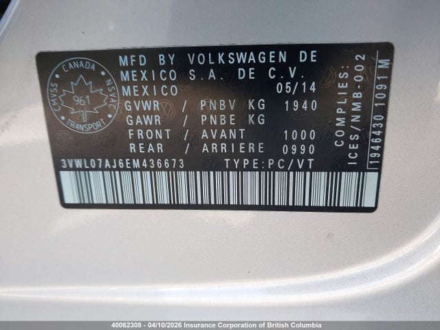 40062308 :رقم المزاد ، 3VWL07AJ6EM436673 vin ، 2014 Volkswagen Jetta مزاد بيع