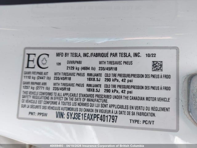 Tesla MODEL 3 2023 5YJ3E1EAXPF401797 Image 9
