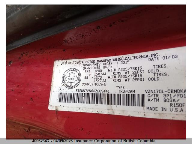 40062343 :رقم المزاد ، 5TEWN72N83Z209441 vin ، 2003 Toyota Tacoma Xtracab مزاد بيع