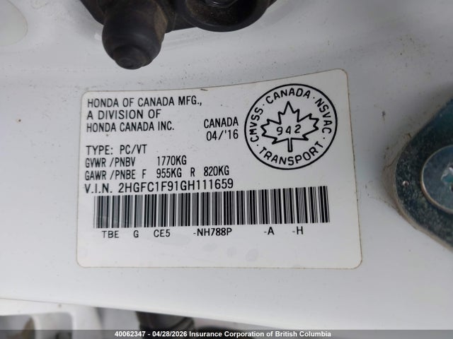 Aukcja sprzedaży 2016 Honda Civic, vin: 2HGFC1F91GH111659, numer aukcji: 40062347