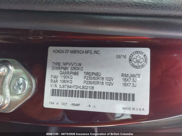 40061155 :رقم المزاد ، 5J8TB4H72HL802108 vin ، 2017 Acura Rdx Advance مزاد بيع