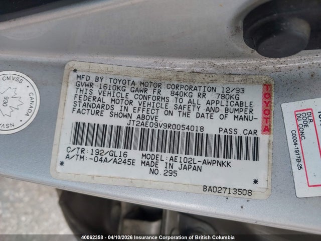1994 Toyota Corolla Dx მანქანა იყიდება აუქციონზე, vin: JT2AE09V9R0054018, აუქციონის ნომერი: 40062358