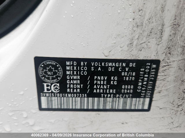 40062369 :رقم المزاد ، 3VWE57BU1KM097335 vin ، 2019 Volkswagen Jetta مزاد بيع