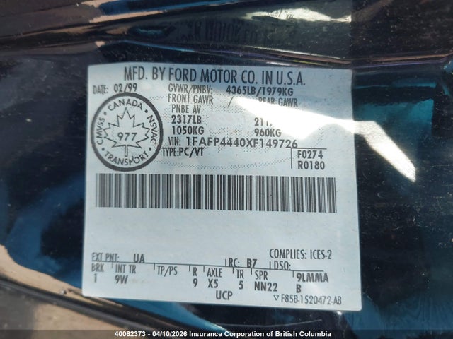 Aukcja sprzedaży 1999 Ford Mustang, vin: 1FAFP4440XF149726, numer aukcji: 40062373
