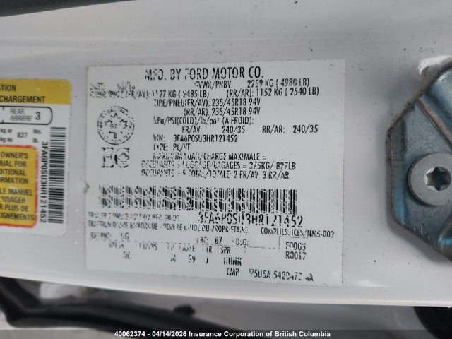 2017 Ford Fusion Titanium Phev მანქანა იყიდება აუქციონზე, vin: 3FA6P0SU3HR121452, აუქციონის ნომერი: 40062374