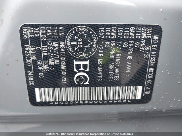 Aukcja sprzedaży 2021 Nissan Rogue, vin: JN8AT3DD3MW300231, numer aukcji: 40062376