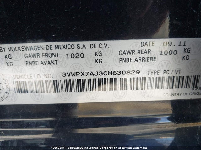 40062381 :رقم المزاد ، 3VWPX7AJ3CM630829 vin ، 2012 Volkswagen Golf مزاد بيع