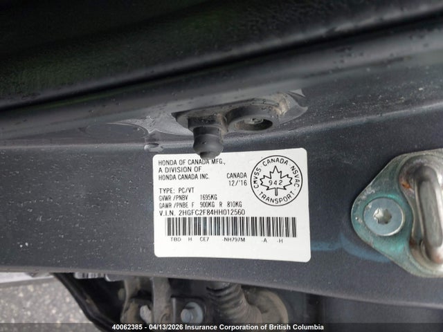 40062385 :رقم المزاد ، 2HGFC2F84HH012560 vin ، 2017 Honda Civic مزاد بيع