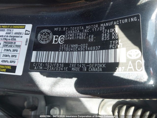 2009 Toyota Corolla S/le/xle მანქანა იყიდება აუქციონზე, vin: 2T1BU40E49C146937, აუქციონის ნომერი: 40062394