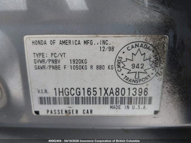 40062404 :رقم المزاد ، 1HGCG1651XA801396 vin ، 1999 Honda Accord Ex مزاد بيع