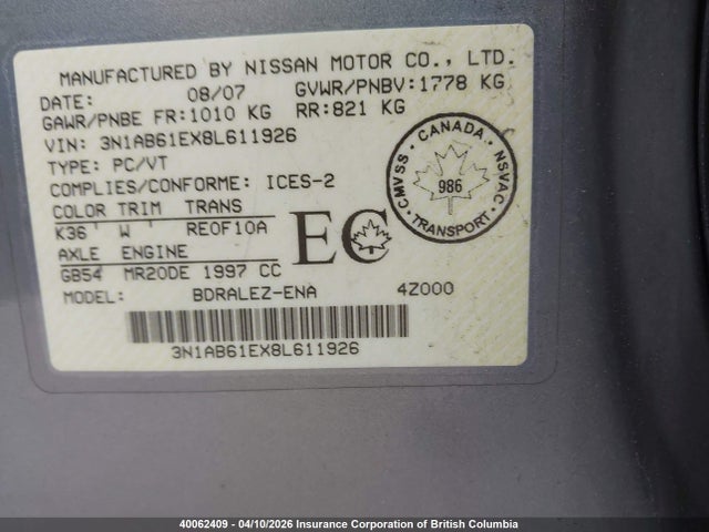 Aukcja sprzedaży 2008 Nissan Sentra 2.0/2.0s/2.0sl, vin: 3N1AB61EX8L611926, numer aukcji: 40062409