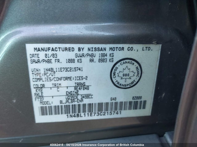 Aukcja sprzedaży 2003 Nissan Altima 3.5 Se, vin: 1N4BL11E73C215741, numer aukcji: 40062415