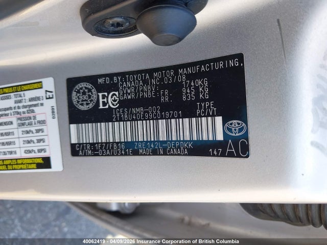 40062419 :رقم المزاد ، 2T1BU40E99C019701 vin ، 2009 Toyota Corolla S/le/xle مزاد بيع