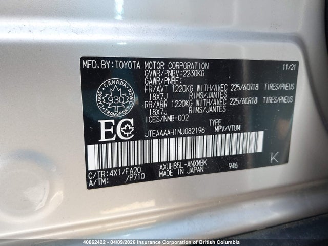 40062422 :رقم المزاد ، JTEAAAAH1MJ082196 vin ، 2021 Toyota Venza مزاد بيع
