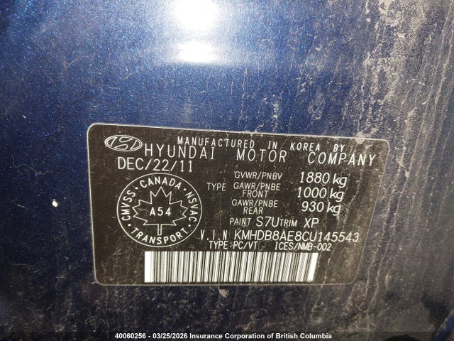 Продажа на аукционе авто 2012 Hyundai Elantra Touring Gls, vin: KMHDB8AE8CU145543, номер лота: 40060256