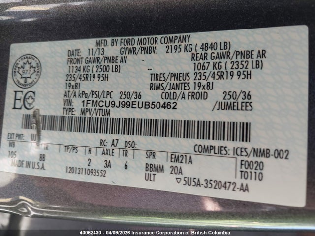Aukcja sprzedaży 2014 Ford Escape Titanium, vin: 1FMCU9J99EUB50462, numer aukcji: 40062430
